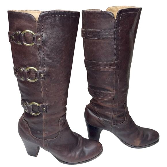 FRYE Fiona 3 Strap Brown Leather Tall Heeled Boots     Size: 7M - Picture 3 of 8